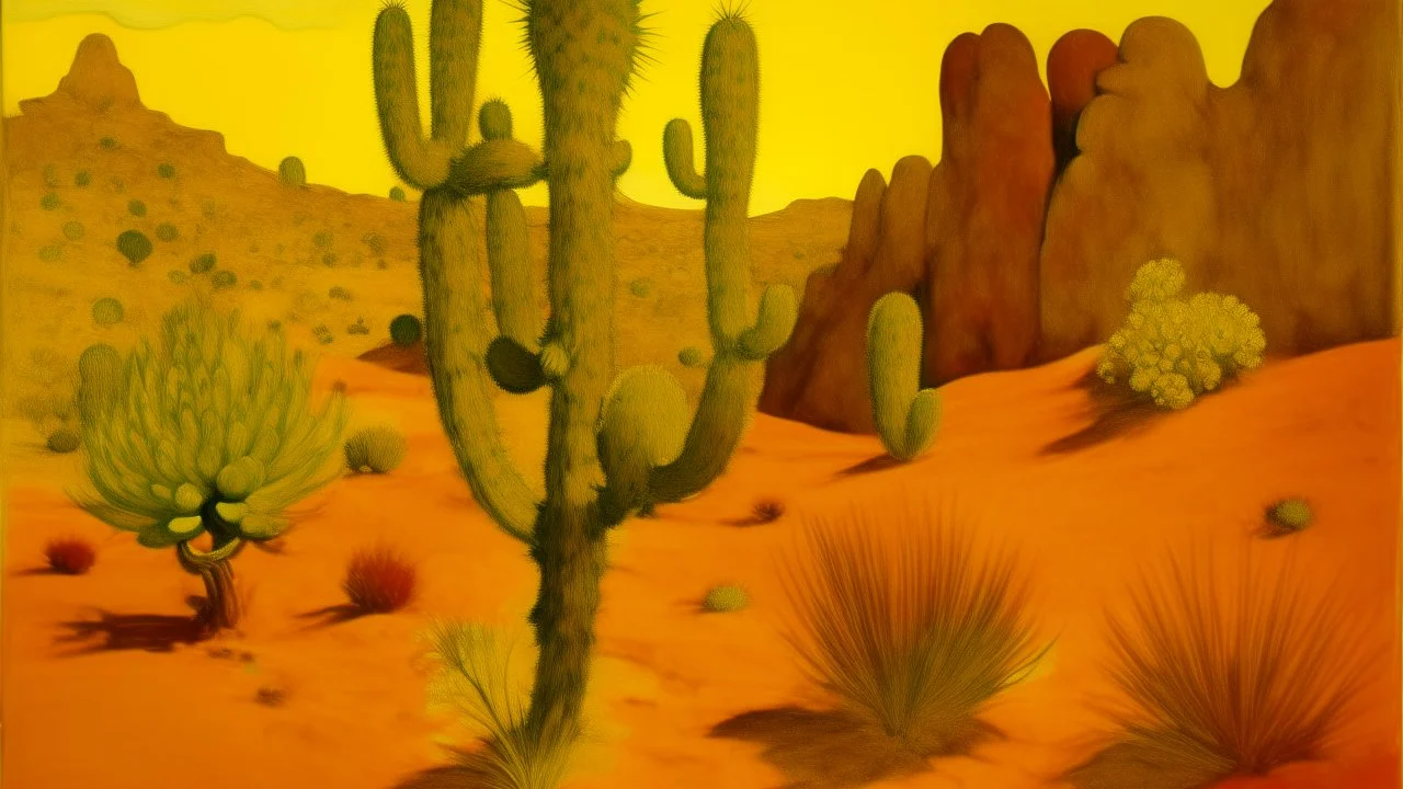 A yellow desert with spiny cacti painted by Paul Ranson