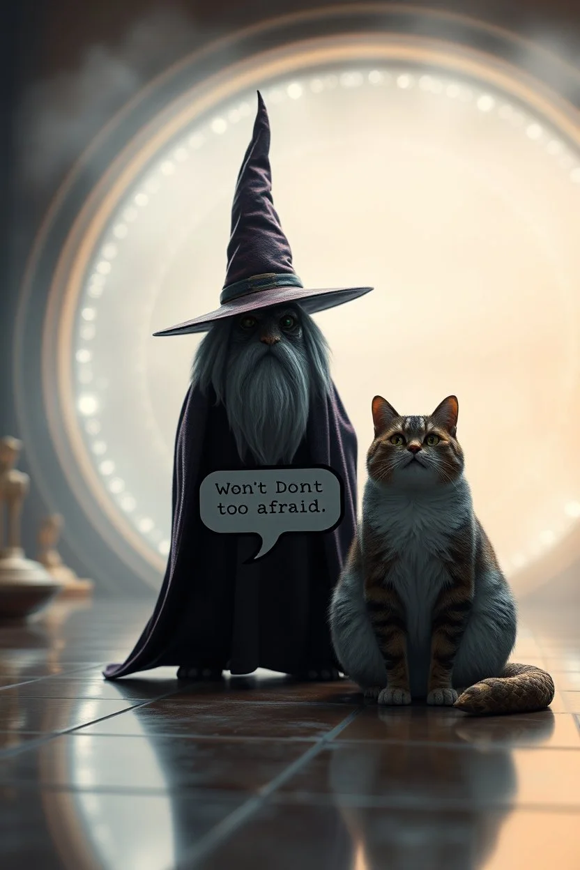 Wizard,snakebat and fat cat, add some fucking realism with no mutants, and a foggy background, and shiny tiled floor, and speechbubble saying "Dont be too afraid." in front of space portal dimensional glittering device, bokeh like f/0.8, tilt-shift lens 8k, high detail, smooth render, down-light, unreal engine, prize winning