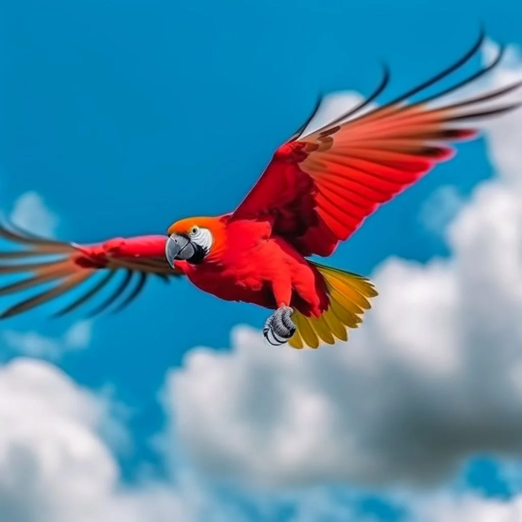 red parrot flying in the sky