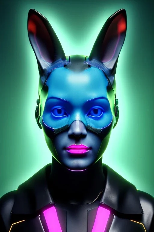 Medium Close Up Portrait, Front image. cyberpunk, rabbit mask, Italian woman, pink hair. latex, glossy suit. Cyan, black, pink, color. Akira style. Color background, photo studio. Neon, Led lights, Avatar image, highly detailed, concept art, smooth, unreal engine 5, god rays, ray tracing, RTX, lumen lighting, ultra detail, volumetric lighting, 3d, finely drawn, high definition, high resolution.