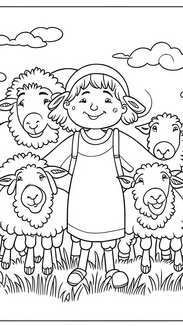 outline art for a kid's coloring page, children as joyful sheep in God's pasture, white background, sketch style, full body, only use outline, clean art , white background, no shadows and clear well outlined