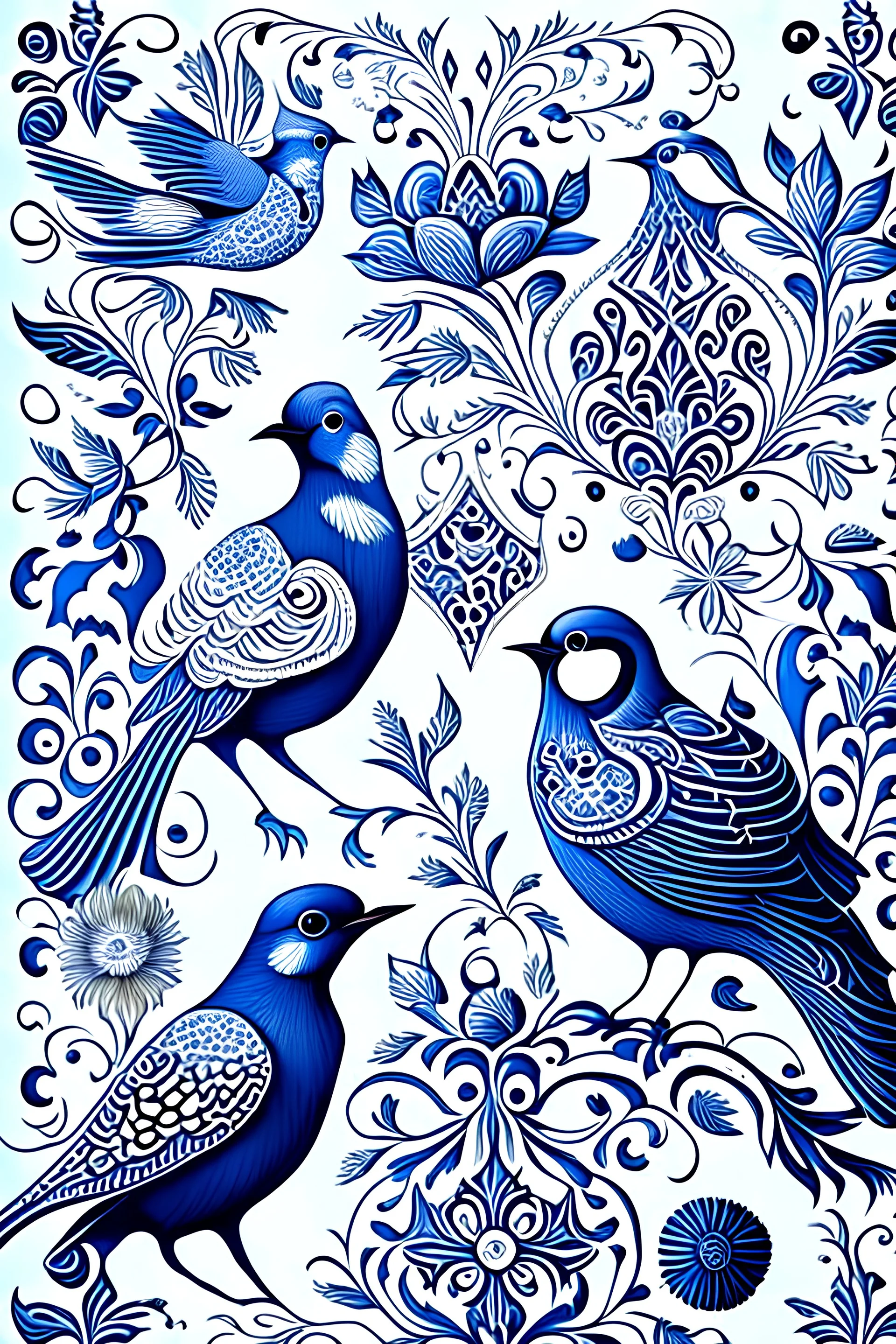 delft inspired ornamental designs with patterns and doodles birds very defined details