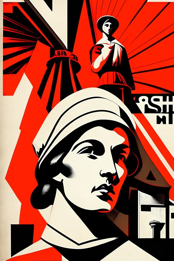 Puritan Propaganda; black and white with accents of orange-red; Socialist Realism; Constructivism