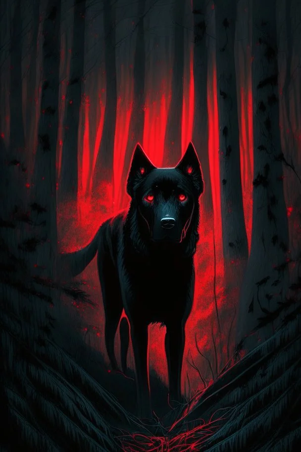 in the style of William Adolphe Bouguereau, a monstrous black dog with red, glowing eyes in a dark forest