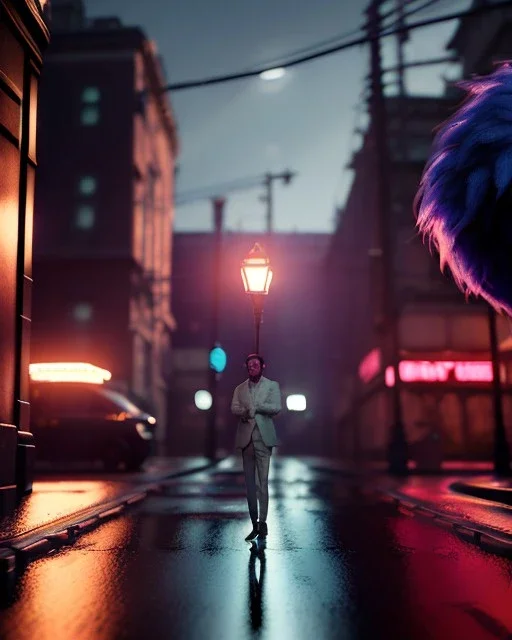 Night street scene with big hair monster, Wes Anderson style, realistic photo, concept art, smooth, unreal engine 5, god lights, ray tracing, RTX, lumen lighting, ultra detail, volumetric lighting, 3d.