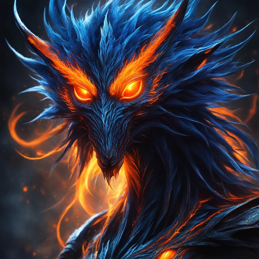 The Electra Daemon is a sight to behold—a creature with striking, luminescent orange eyes that pierce through the shadows. These eyes are not just for seeing but for instilling fear and asserting dominance, glowing with an intensity that suggests an unquenchable inner fire. The Daemon’s hair, a mass of metallic blue tendrils, writhes and twists as if alive, each strand a conduit for the electric energy that courses through its body. Interwoven with the hair are glowing orange filaments, adding t