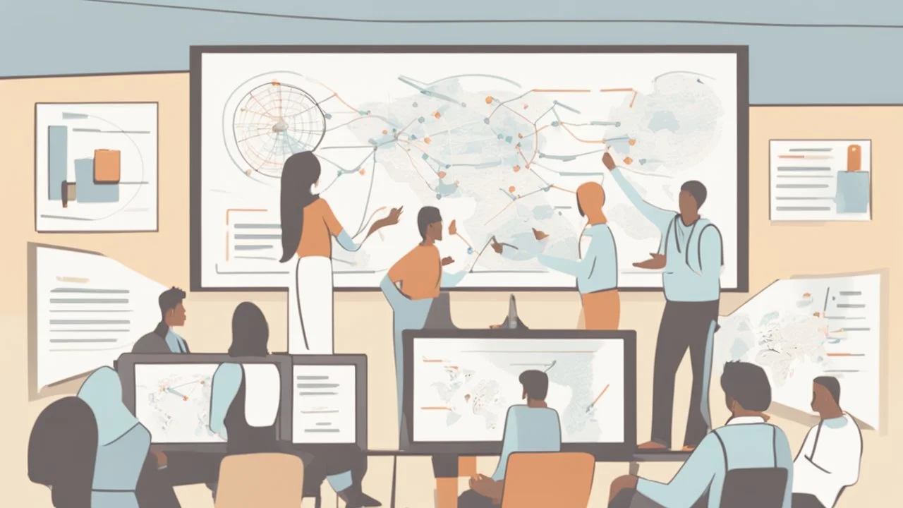 An image that conveys achieving success and skill development. The image depicts a group of individuals gathered in an inspiring teamwork session. They appear engaged in discussion and constructive exchange of ideas. In the background, a screen displays a chart or a conceptual map indicating various goals and pathways. Everyone appears enthusiastic and dedicated to collaborative work and continuous learning. The image reflects collaboration and a focus on achieving success through skill develop