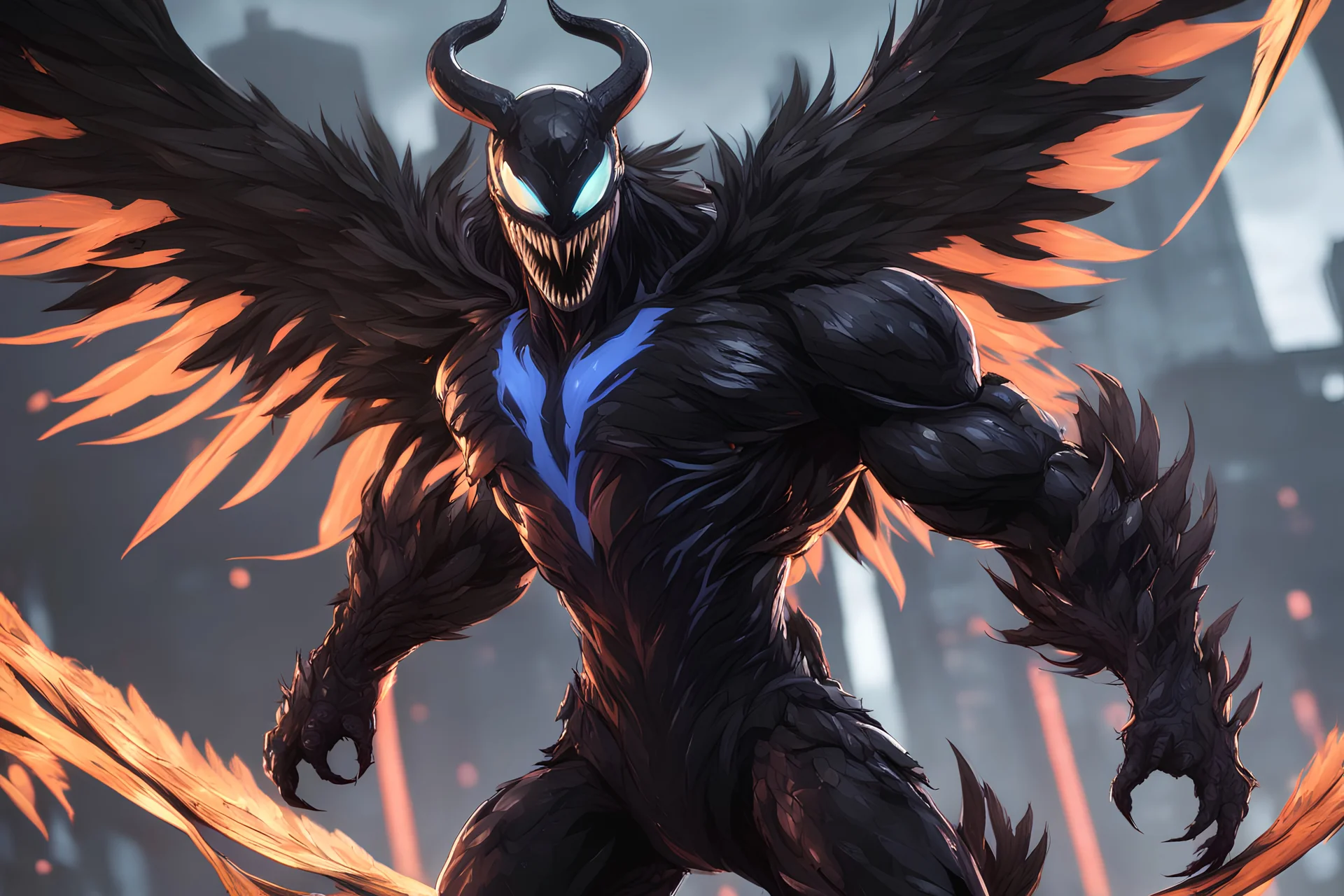 Venom beast in 8k solo leveling shadow artstyle, crow them, neon effect, big wings, feathers, rain, full body, apocalypse, intricate details, highly detailed, high details, detailed portrait, masterpiece,ultra detailed, ultra quality