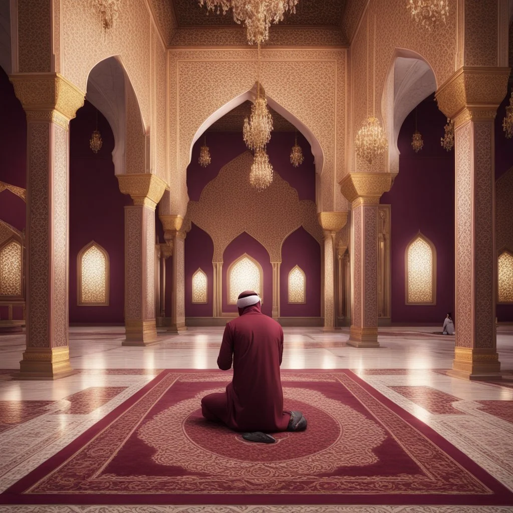 Hyper Realistic sad-Muslim-man doing sajdah inside a beautifully crafted maroon-&-golden-mosque with fancy walls & pillars, chandeliers & beautiful-white-carpet at night