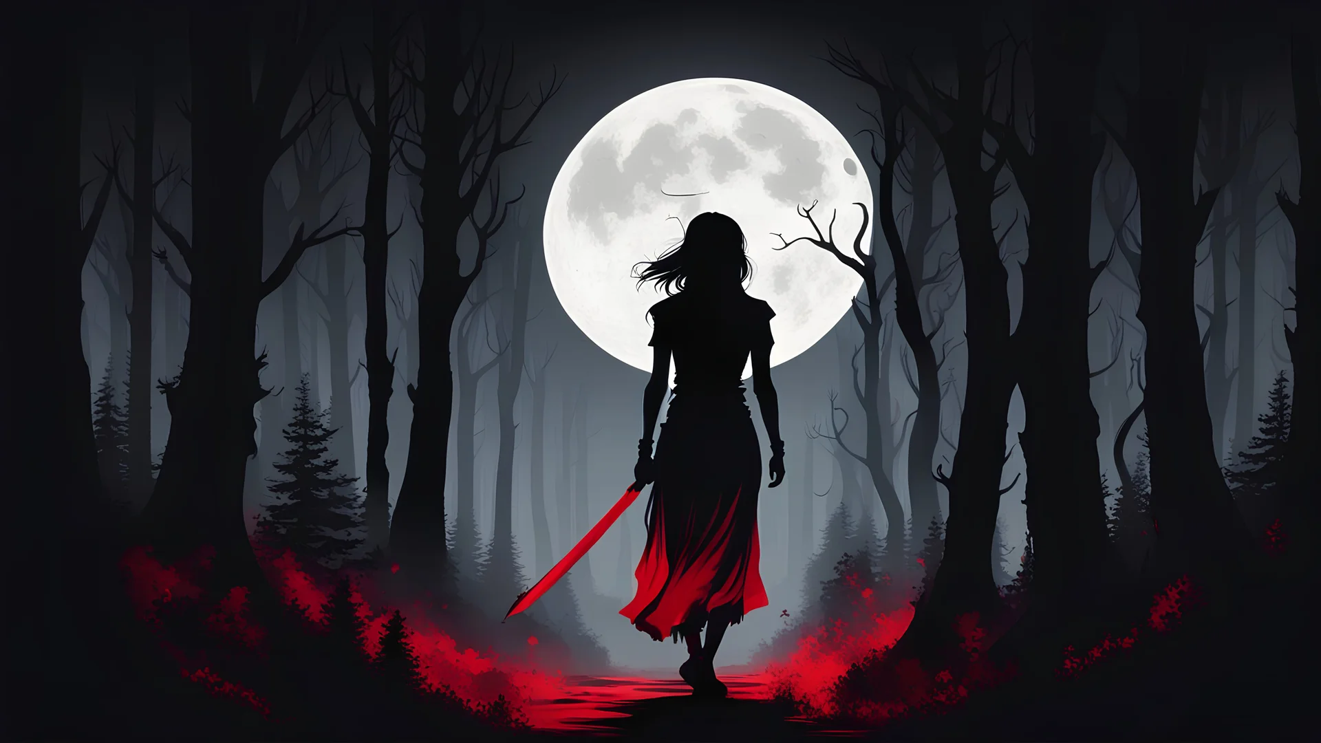 the silhouette of a woman seen from behind, walking into a dark forest, with a dagger in hand, black and red image, night, realistic, moon