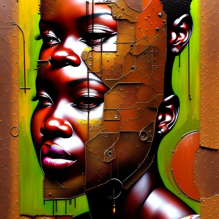 an abstract painting of rusted metal, african portrait, rust, scaffolding, iron cladding, decay, mixed media, textured, anatomically correct, beautiful perfect face, sharp focus, highly detailed