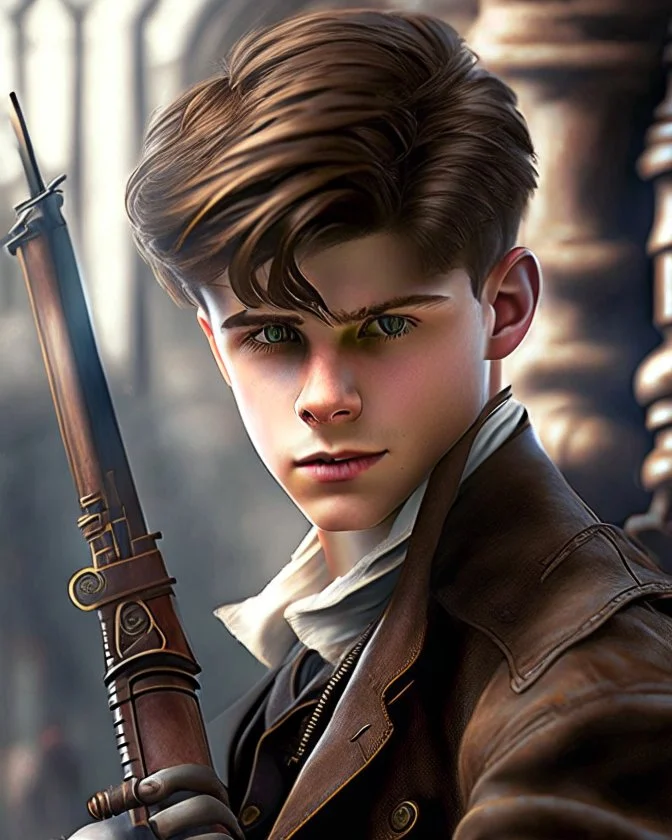 young noble swordman short brown hair photorealistic dieselpunk