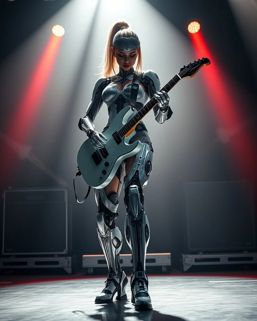 Dynamic pose Rocker, Front view full body all to feet rendering Beautiful Female as Futuristic Hybrid Cyborg mecha robotic Guitarist body chasing clear surfaces it from made transparency super clear glass explore inside components nature plants, advance design futuristic sci fi picture,find details futuristic stage music background ,Sony Alpha 7 50mm 1.8,medium shot, high-resolution image with fine details,ultra detailed,ultra realistic,extremely realistic,intricate,photorealistic