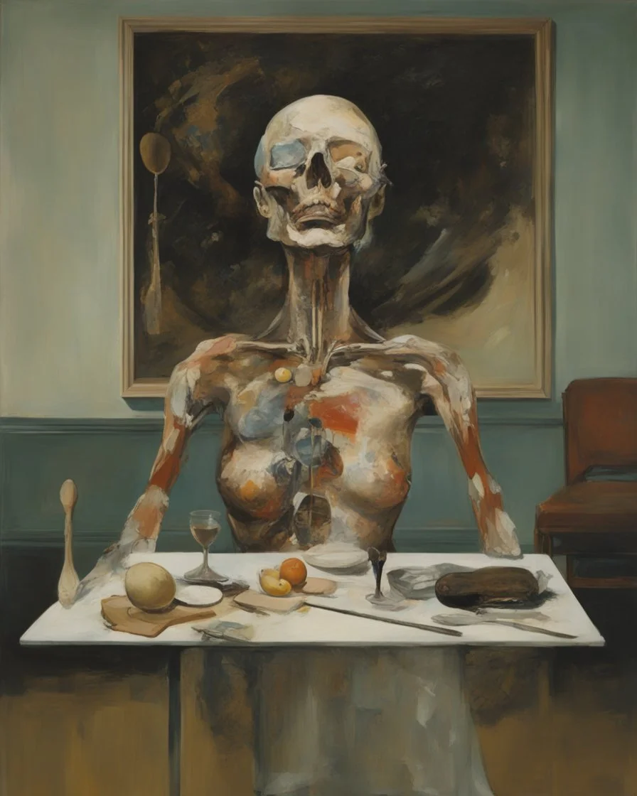 human body, universe-like table,complex surgical instruments mixed with human body-like musical instruments,minimalism,Painting By Adrian Ghenie, Rene Magritte, Salvador Dali, Lucian Freud