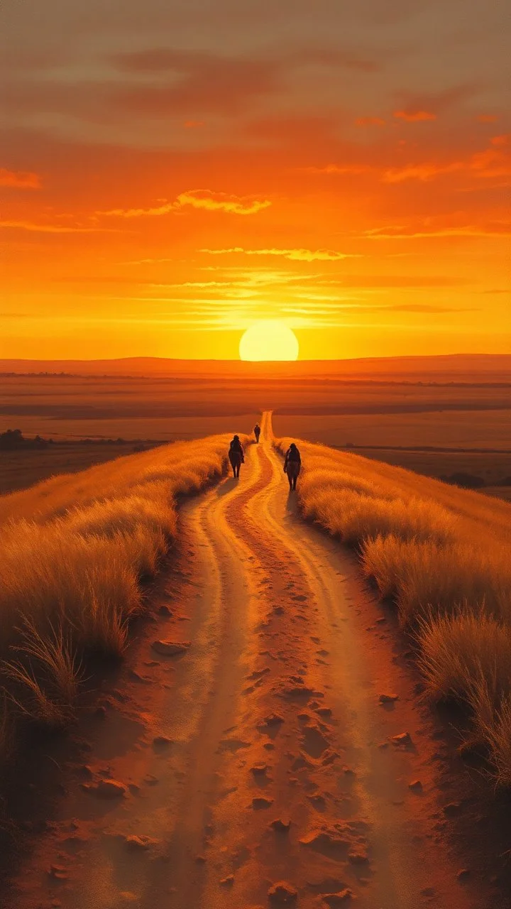 very dusty dirt path coming over a shallow hill with sunset in the prairies, horizon line is low in the composition, old western, painting based on grainy photo, orange brown tones