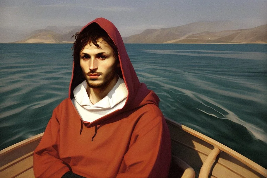 Portrait of Modern man in a boat wearing hoodie by Andrea del Sarto