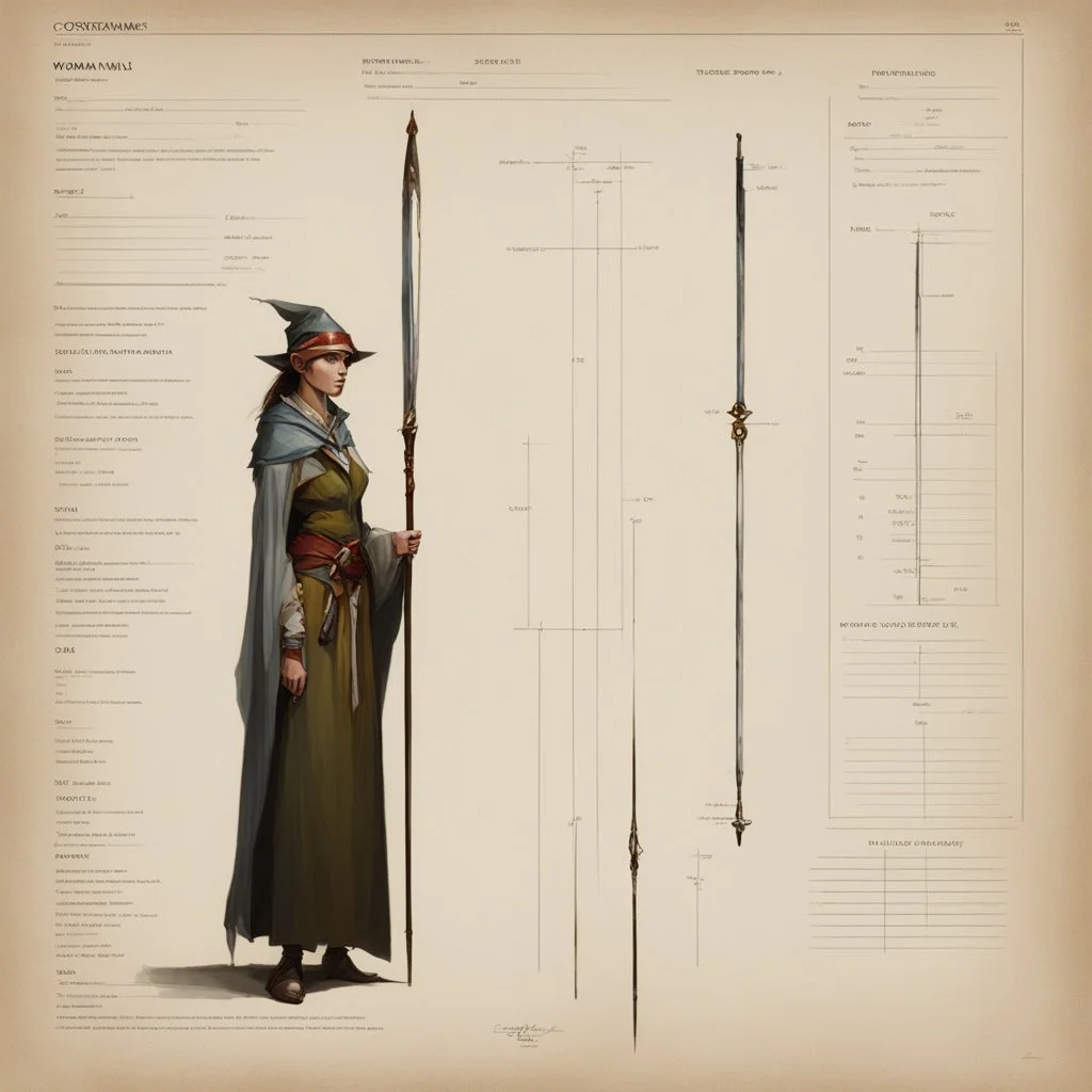 ConceptSheet [by Guy Borremans]: woman half-elf wizard and her long rod with AD&D statistics