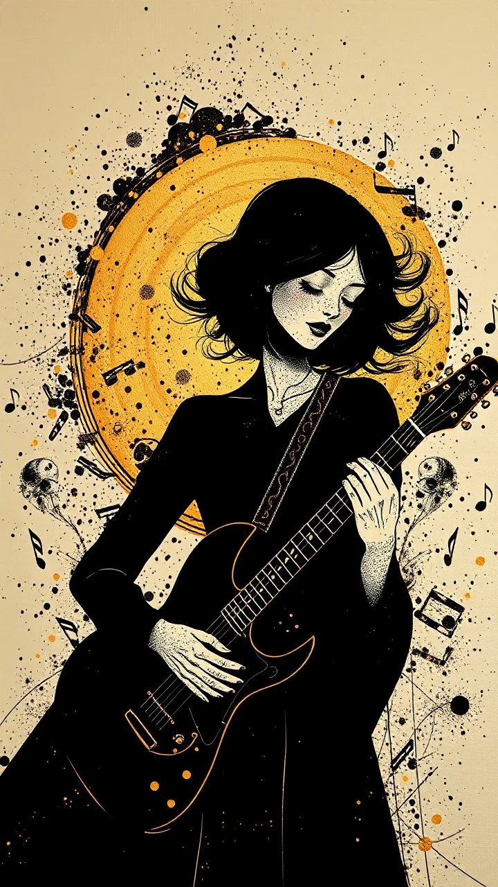 minimalism,Abstract black and gold minimalism geometric surreal beautiful fashion portrait playing the guitar ,splash art explosion,minimalist surreal surrounding music notes background,surreal lonely depth,deep soul spirit,fantasy surreal geometry,flat,utopia,album art,cover art,album cover,cinematic,8k,epic movie still,sharp focus,by Gustav Klimt,pascal blanche,rutkowski,repin,artstation hyperrealism painting concept art of detailed character,design matte painting,leaf, Busch painting style