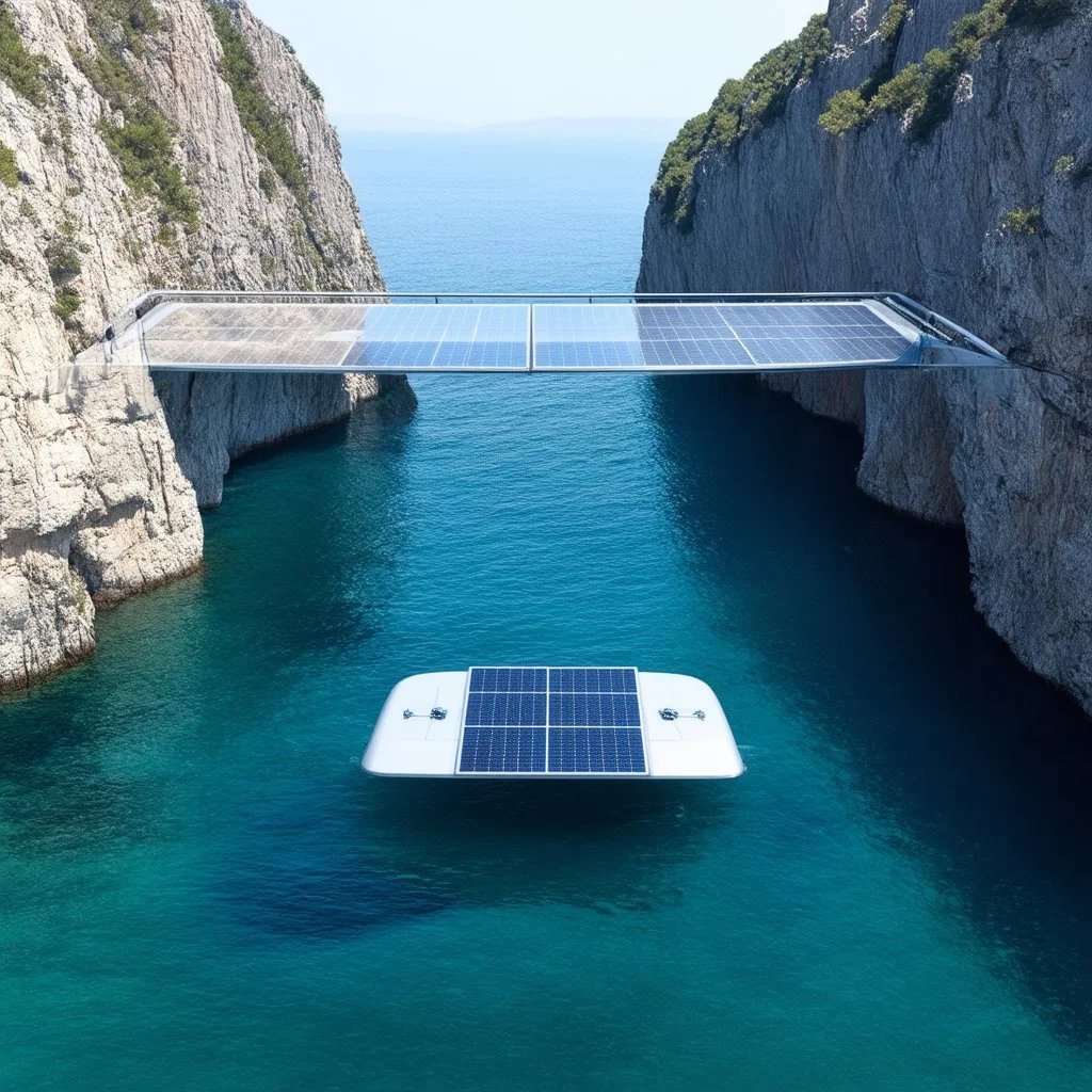 Transparent pedestrian bridge between two cliffs. It has solar panels installed. Below the bridge, autonomous underwater drones with sleek hulls and a solar panel on top retrieve trash from the lake. The drones have a hydrodynamic shape, are equipped with a robotic arm and camera to store plastic waste. The design is modern and innovative and reflects futuristic technologies for environmental protection.