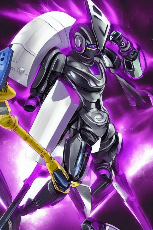 A Genderless Cyborg made of metal, has a human like face with a long violet ponytail, the cybord is wearing armor similar to Megaman Omega. The color palatte of the armour is deep purple and yellow.