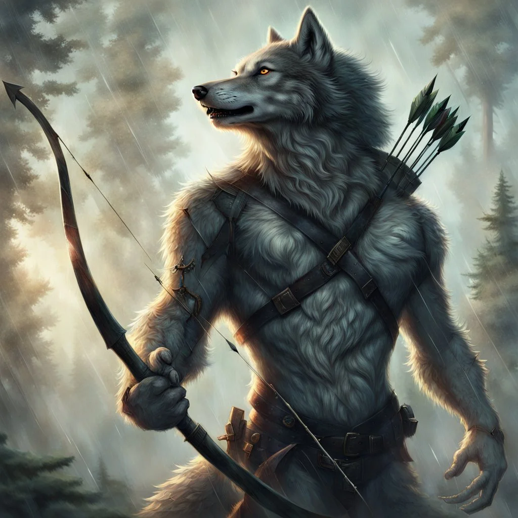 an anthropomorphic wolf man in just full furry wolf body hair and wearing just a dark belt around his chest holds a bow in his paw, quiver with arrows on his shoulder and looking warlike the horizont, blur background with giant alien trees, rainy day, detailed, high textures, realistic, cinematic, sci-fi, fantasy mood