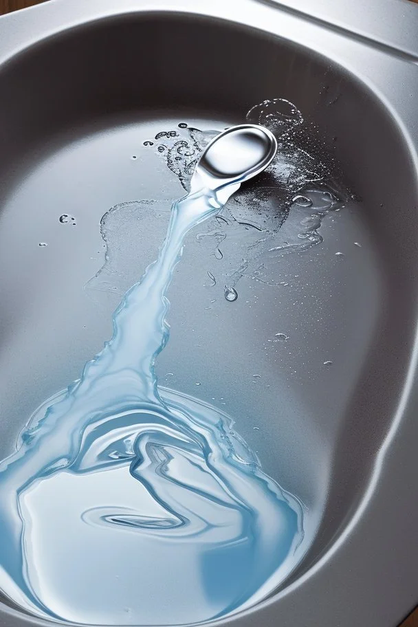 in focus, a jet of water flows into a spoon and splashes everywhere in a sink tray