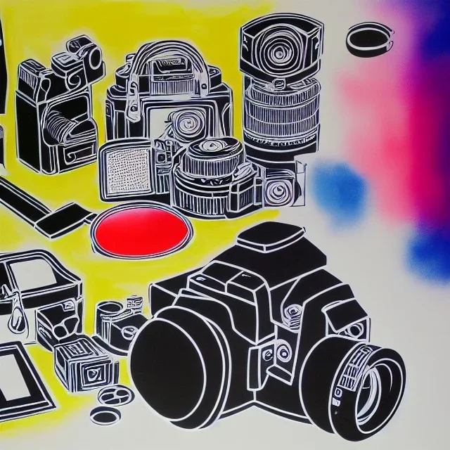 elements of photographic equipment. poster graphics. high detailed. acrylic painting and ink.