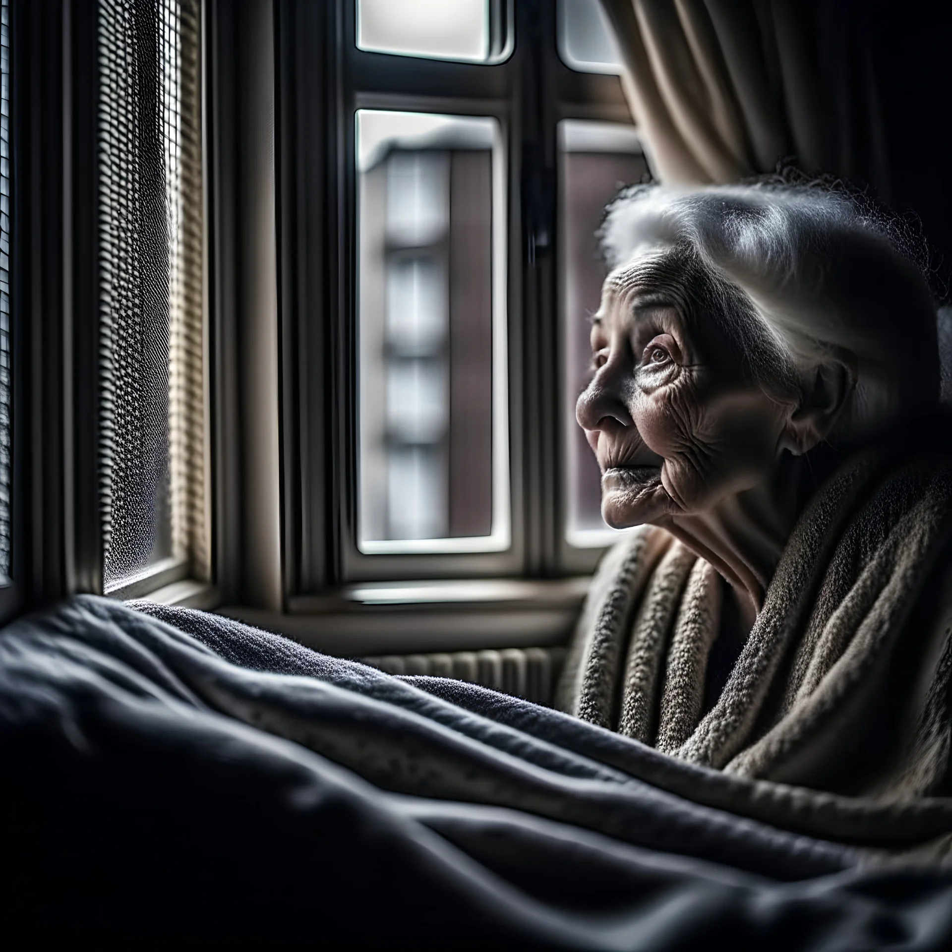 Old lady lying on her bed looking outside the window, sick and looks lonely raining outside