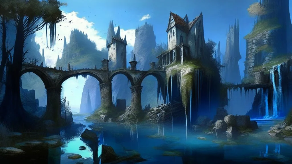 ruined gothic village with waterfall, bridges, trees, next to lake, with cliffs, andblue sky