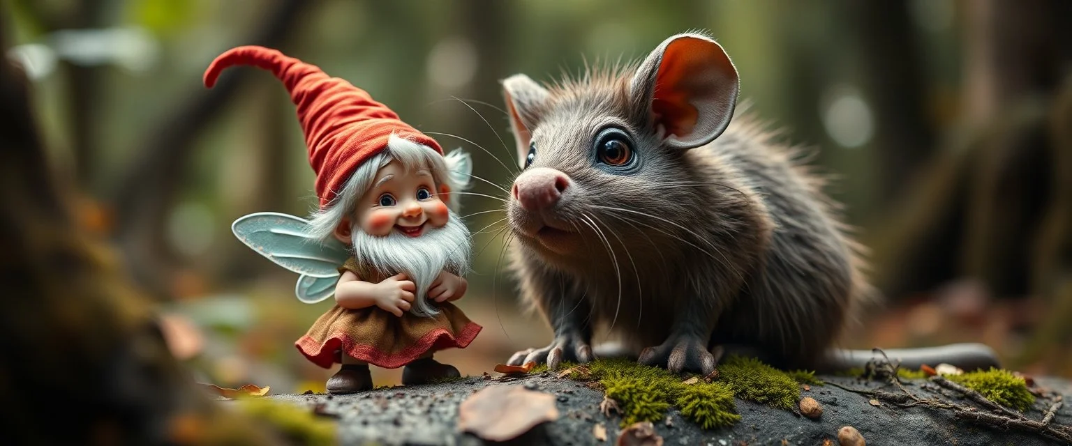 close up on pixie quickling gnome and a giant troll huge funny mouse, with background motion blur, in magical forest scene, in the style of Rembrandt