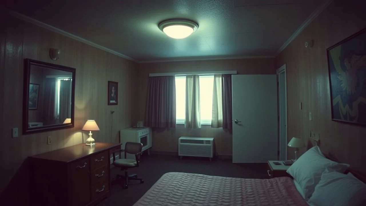 inside a cheap, sleazy motel room, bright light, empty room, grainy candid photograph, documentary style