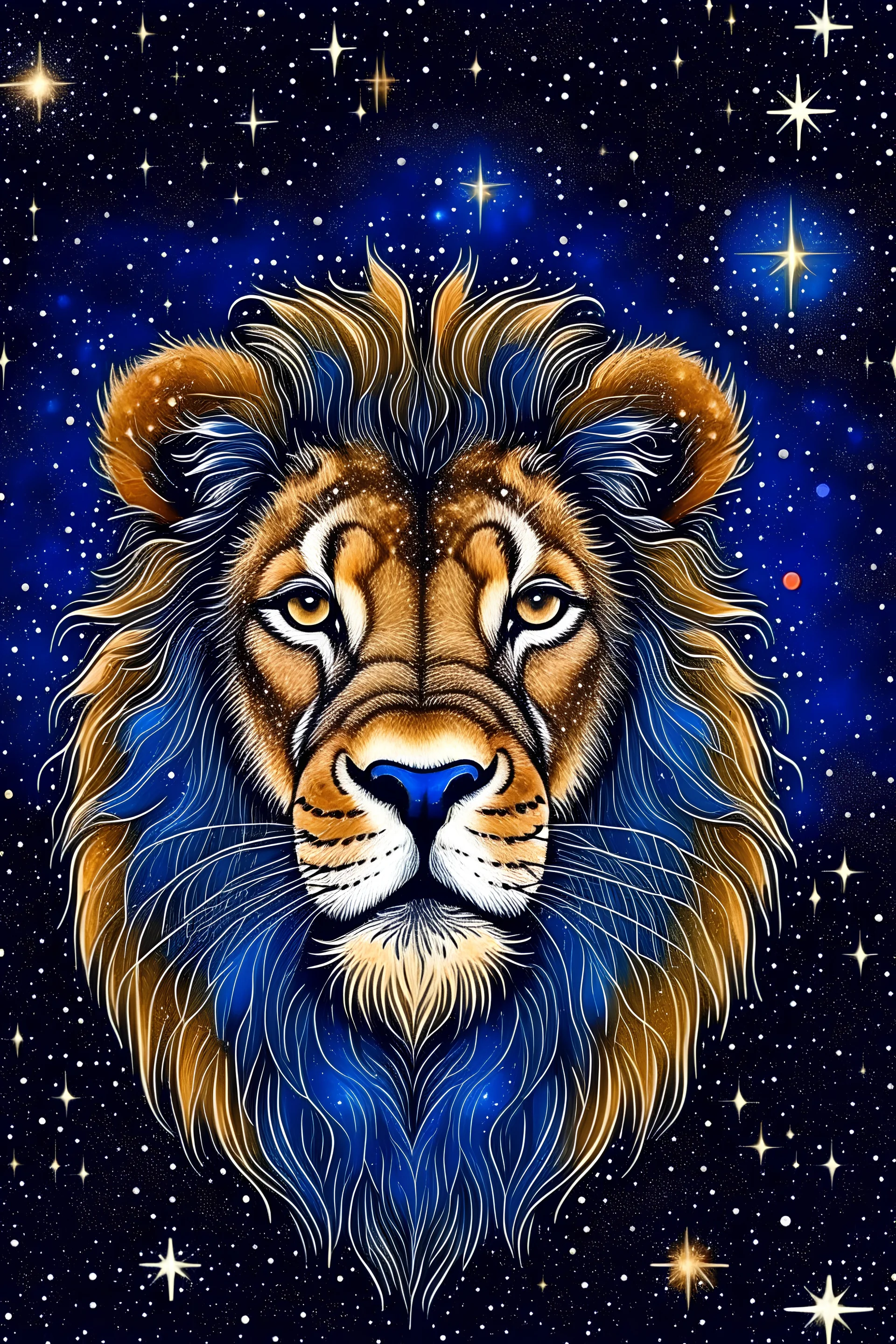 lion head starry constellation in the night sky, magical, ethereal, dreamlike, stylized, tcg, ccg, playing card art