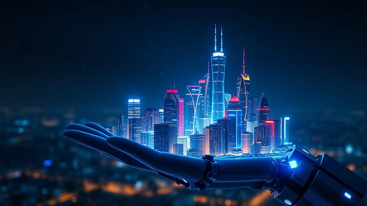 a huge modern city as build In the open robotic hand ,blue sifi ,stars in dark night sky in blury background