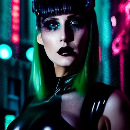 Ultra detailed fullbody Portrait oil on canvas, beautiful punk busty female replicant, sad green eyes, post-apocalyptic in a cyberpunk city,minimal skintight latex dress, bladerunner aesthetic, extremely detailed digital painting, extremely detailed face, mystical colors ,perfectly centered image, perfect composition,realistic,masterpiece,8k,stunning scene, raytracing, anatomically correct, in the style of Ohrai Noriyoshi androbert e howard and Ken Kelley and Simon Bisley and tomzj