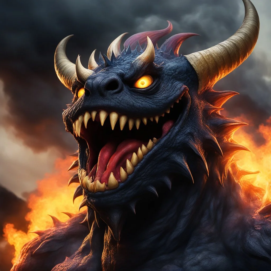 a low angle view with bokeh effect capturing the monstrous Laughing monster in all its fearsome glory. Smoke billows menacingly from its nostrils, swirling around its grotesque visage, while flames rage fiercely from its gaping maw, casting an eerie glow against the darkening sky. The Laughing monster's wicked laughter echoes through the valley, sending shivers down the spines of all who behold its menacing form.