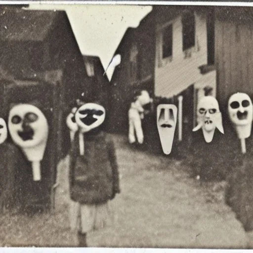 Creepy old photo, folk town strange masks