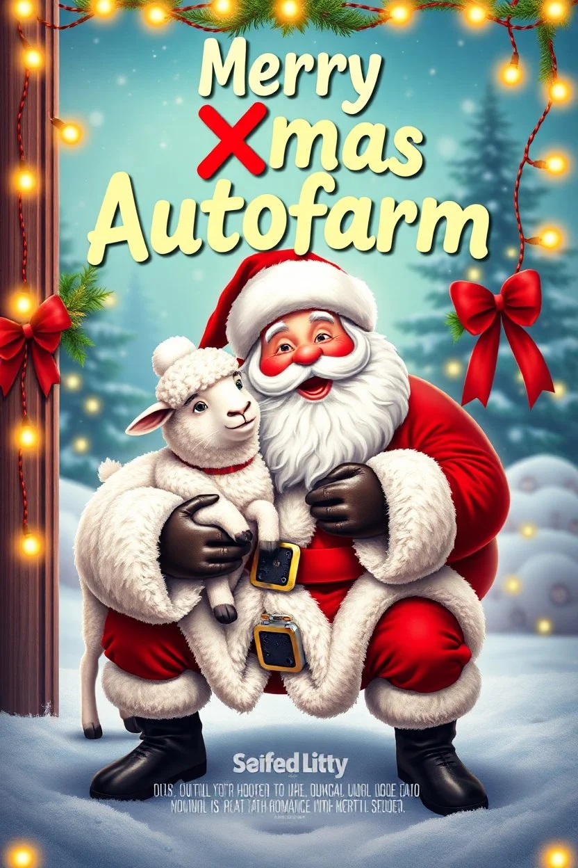 "Design a 1990s-style movie poster featuring a heartwarming and humorous romance between a jolly Santa Claus and a charming, fluffy sheep. Capture the lighthearted, feel-good spirit of a classic rom-com. Display 'Merry Xmas Autofarm' prominently in playful, festive letters, surrounded by warm Christmas lights, mistletoe, and holiday decorations. Use bright, cheerful colors and whimsical design elements to evoke a sense of retro holiday magic and romantic comedy fun. Include scenes of Santa