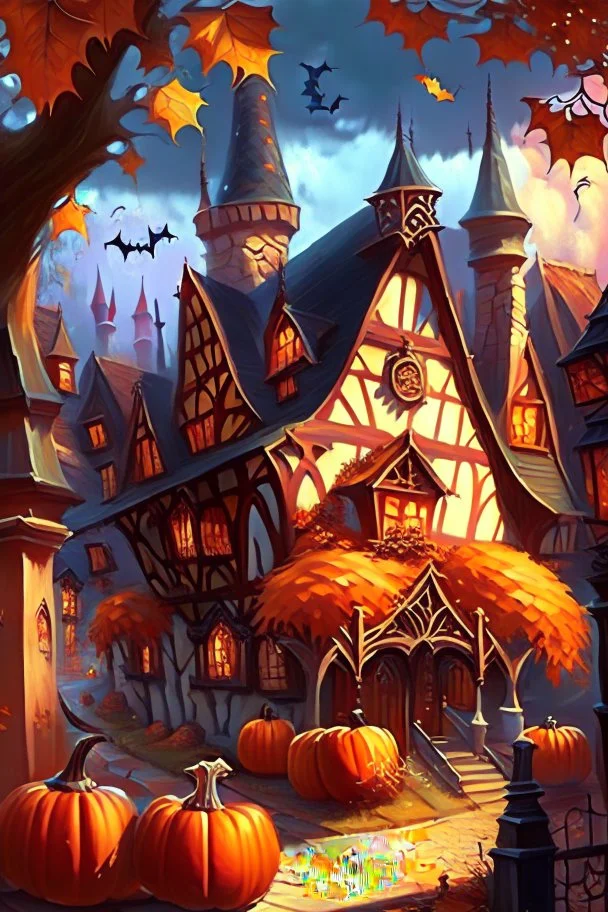 Fantasy village with tudor style architecture and stained glass window houses. The season is autumn and there are some pumpkins fantasy rpg art painterly