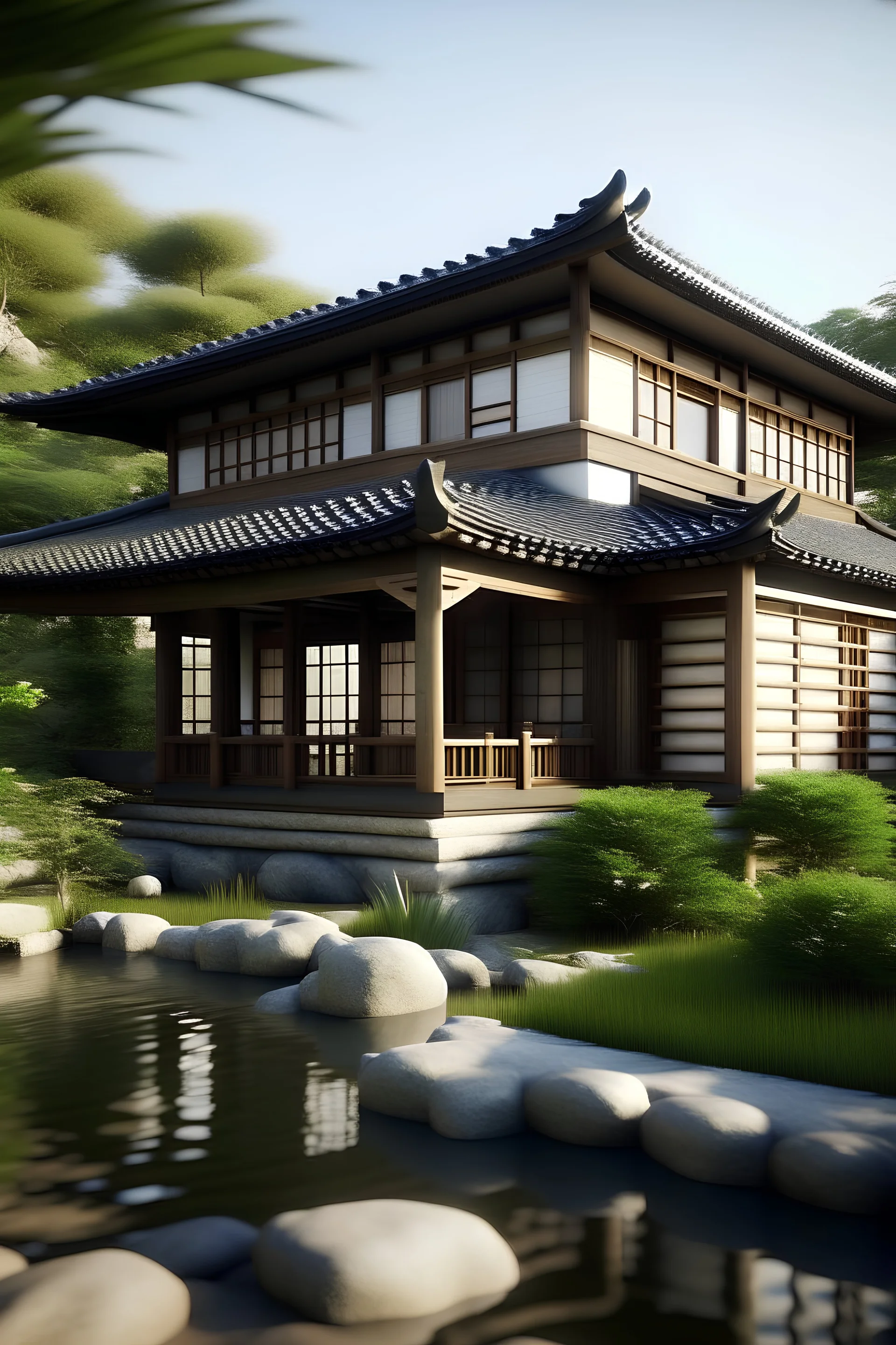 A serene house in the style of Japanese Zen and a (view).