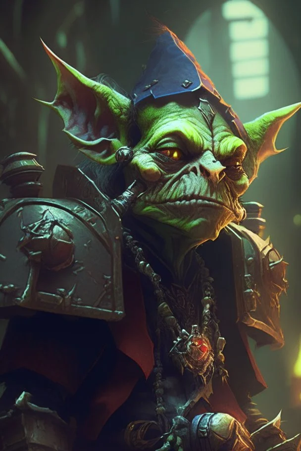 goblin judge in the style of warhammer, anime style, depth of field, nvidia graphics, lightrays, trending art, movie poster