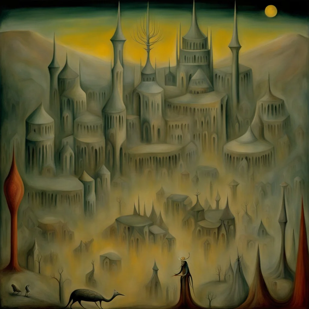 art by "Leonora Carrington", painting, landscape , Feigned The Palace Beyond Good and Evil, at Dawn, Illustration, Hopeless, 70s Science Fiction, Provia, overly complex style