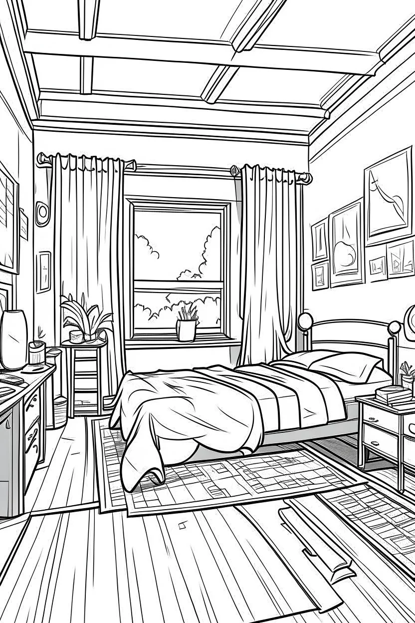 Outline art, simpl House interior design, bedroom, cartoon style, thick lines, low details, --ar 9:11