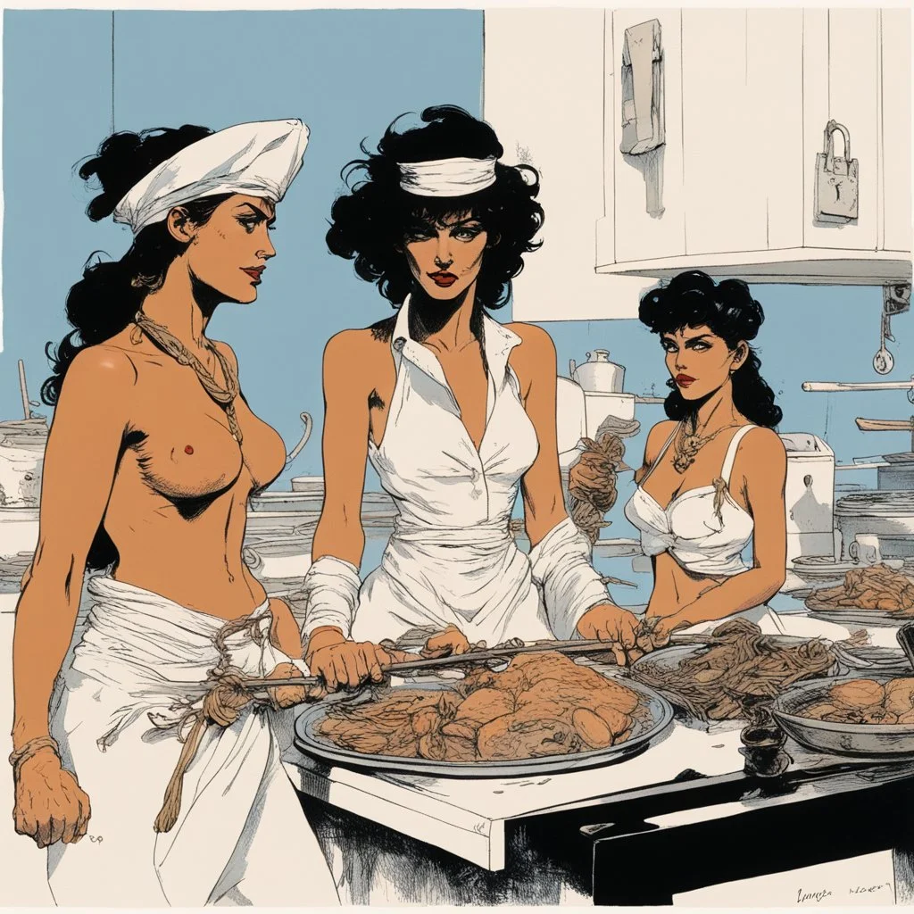 [art by Hugo Pratt and Corto Maltese] cannibal amazons are cooking the sailor girl