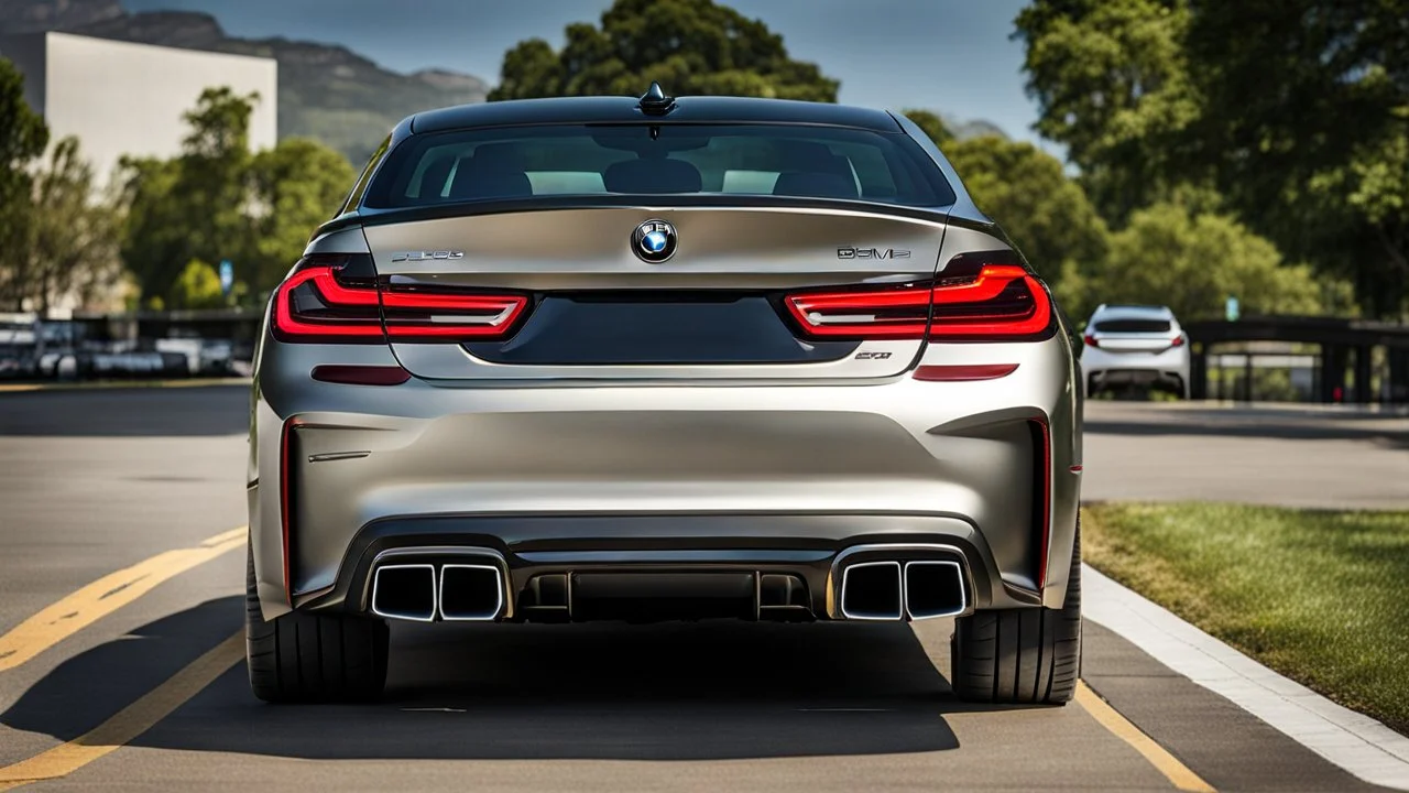 A luxurious (((fusion of a bmw and challenger))), its sleek contours and opulent details blending seamlessly together, rear view
