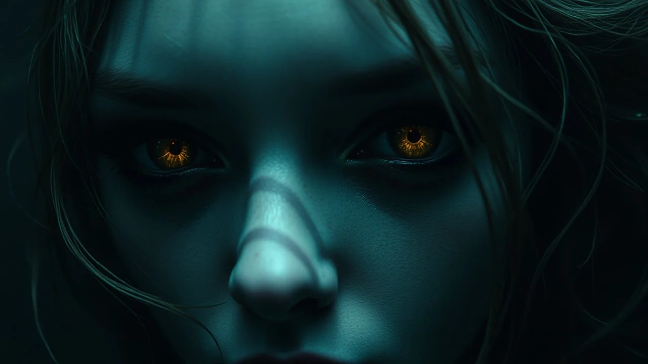 close up face shadow dark gold eyes, void, pain, hyper-realistic detail, floats in deep darkness, abyss, Dark ten and pale light tendrils in her hair, drils and shadow around, abyss, fog, Style crepy stunning, dark, surreal vibe underwater and meticulous detail clean pale skin dark golden eyes, . dark shadow and weird surreal mood