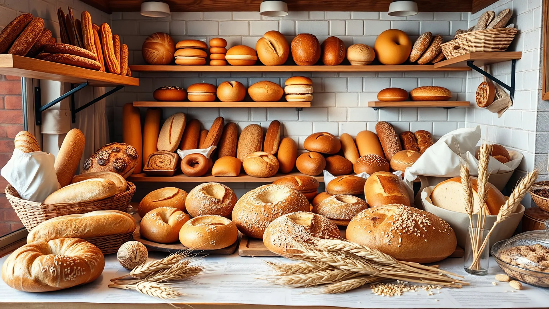 A plan for a bakery shop with a kitchen full of fancy breads, including baguette, roast, sandwich, shirmal, dumpling, toast, toast, bagel, banana, bread steak, brioche, brown, ciabatta, corn, pita, pretzel, pumpernickel, rye , sourdough, tortilla, white, and whole wheat and wheat ears and sesame seeds in the picture
