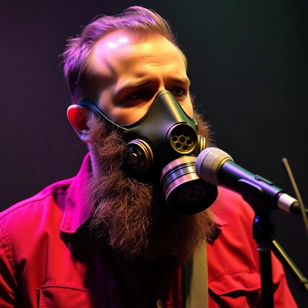 en skäggig man som försöker sjunga med en gasmask på en scen, gasmasker, dom kallar honom för babyface för att ser så barnslig ut