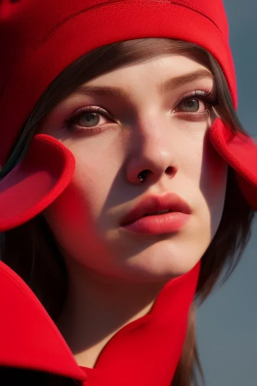 Mystery girl, red hat, head bowed. She has beautiful eyes. Her hair flies in the air., closed eyes, rtx, reflection, 8k, glow, winning photography, caustics