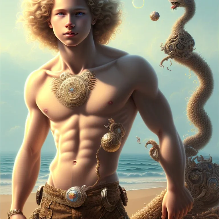 intricate, sharp focus, illustration, highly detailed, digital painting, concept art, germ and Paul Lewin and Kehinde Wiley, full body image of a beautiful 12 year old boy with long, blonde curly hair and light blue eyes, smiling, shirtless, in front of an distant beach