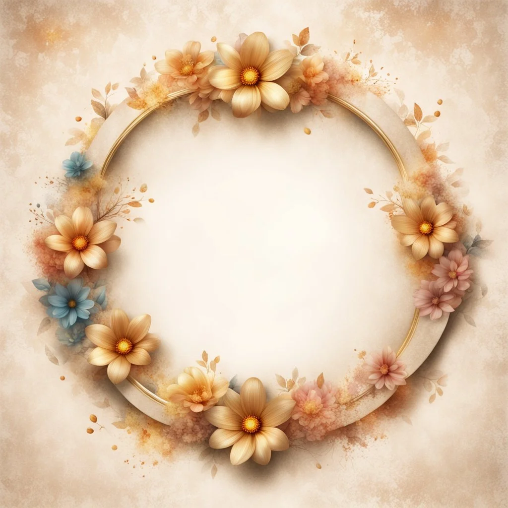 Hyper Realistic Beige small-multicolor-Floral-Circular-Frame With Glowing Golden Embers On Off-White Grunge Background.